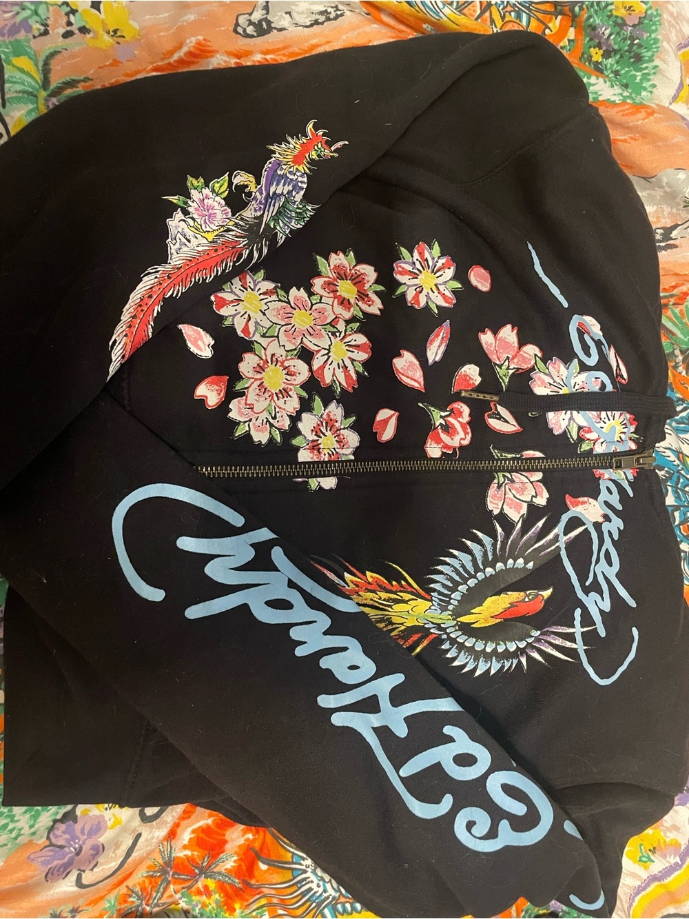 Ed Hardy Black Bomber Jacket with Multicolor Floral & Bird Embroidery